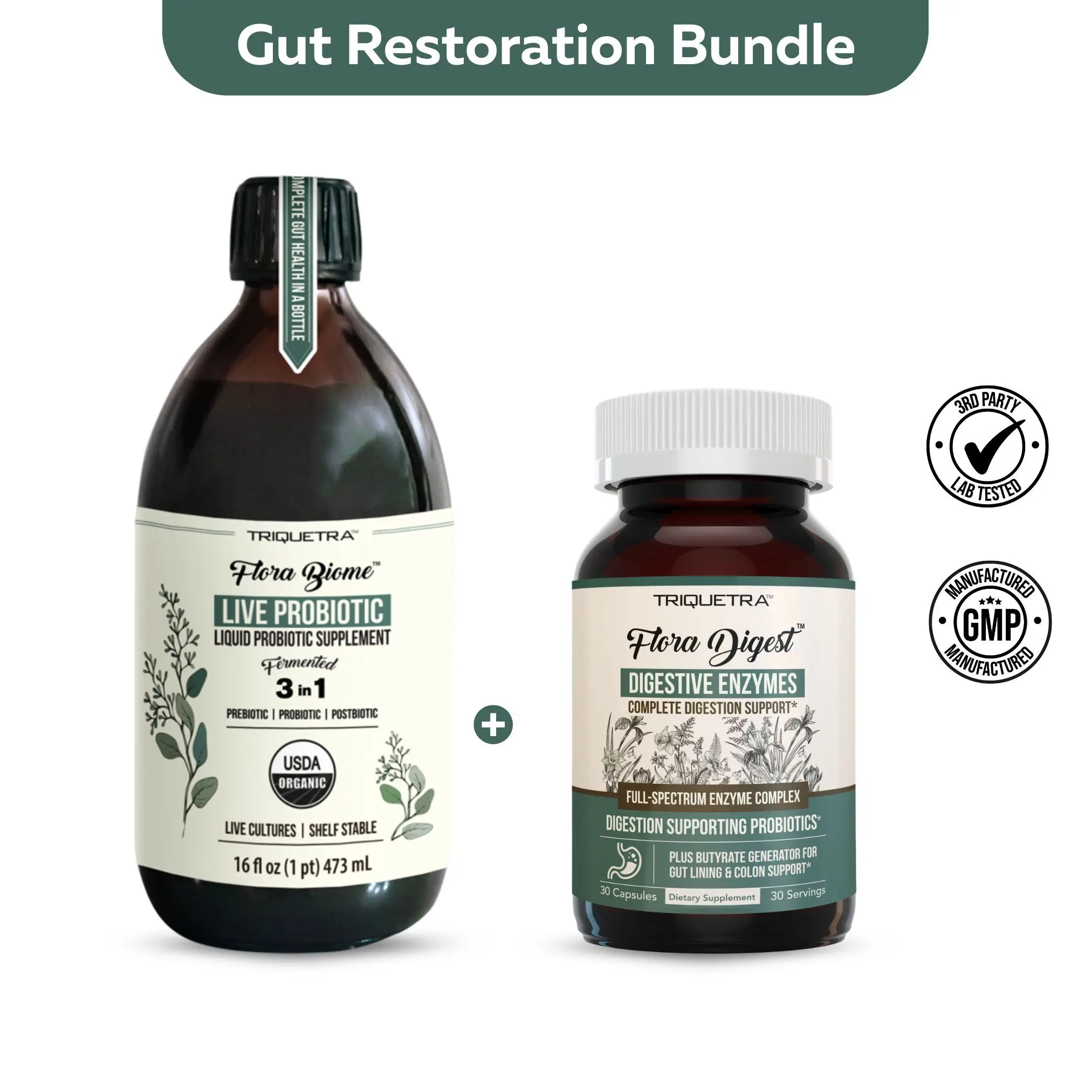 Gut Health Bundle | Triquetra Flora Biome Probiotic, Prebiotic, & Postbiotic 10 Probiotic Strains, 18 Fermented Herbs + Flora Digest Digestive Enzymes