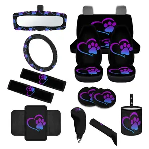 Heart&Dog Paw Pattern Design Car Seat Covers Full Set Auto Accessories with Front&Back Seat Cover Set, Steering Wheel Cover,Vehicle Seat Belt covers,Car Front Side Mirror Protective Cover,Trash Can,Car Armrest Cover Pad,Coasters Printed