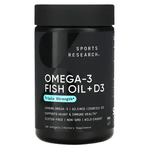 Sports Research Omega-3 Fish Oil + D3, Triple Strength , 1,040 mg & 62.5 mcg (2,500 IU), 120 Softgels