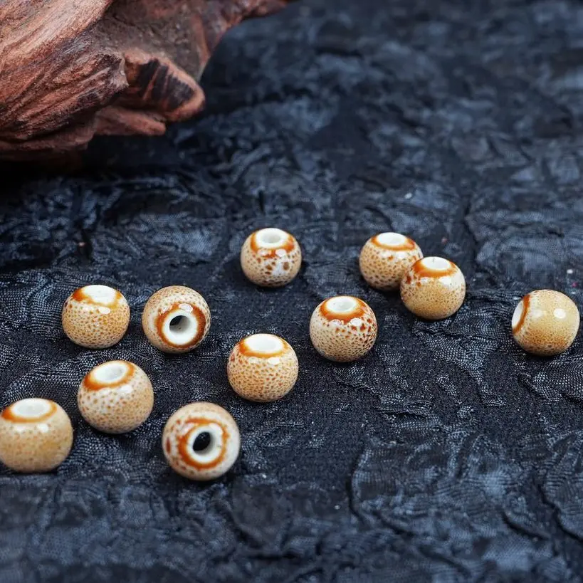 LUMAWU Handmade DIY Porcelain Beads - 8mm, 30 Pcs, Coffee White Leopard Print, Flower Glaze Texture, High-Temp Durable, Fade-Resistant for Jewelry Making & Versatile DIY Projects