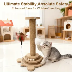 Luxury Cat Scratching Post Vertical Scratcher with Interactive Feather Toy, Jute Rope, Rotating Ball, Durable Multi-Functional Cat Play Tower No Batteries Needed