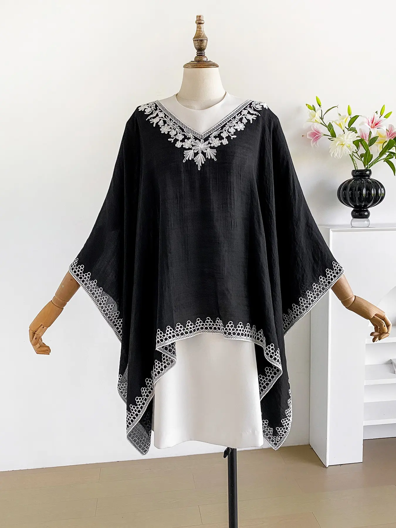 Elegant Chic Vintage Embroidered Shawl Sweater with Loose Fit, Baggy, Oversize, Flattering Tortoise Neckline, Suitable for All Seasons, Perfect for Beach Vacations and Casual Occasions, Embroidery, Style, Fabric