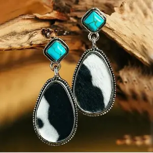 WESTERN BLACK COW TURQUOISE DROP EARRINGS