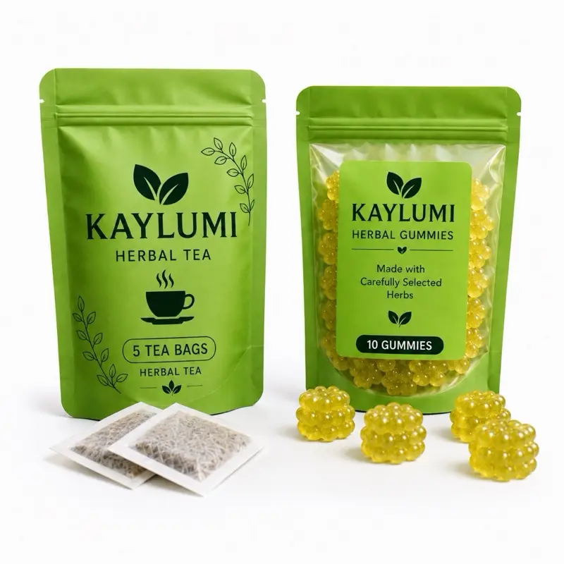 Kaylumi Mini Try-Me Free Sample Pack - Natural Herbal Tea Combo, 5 Daily Wellness Green Tea Bags, 10 Gummies