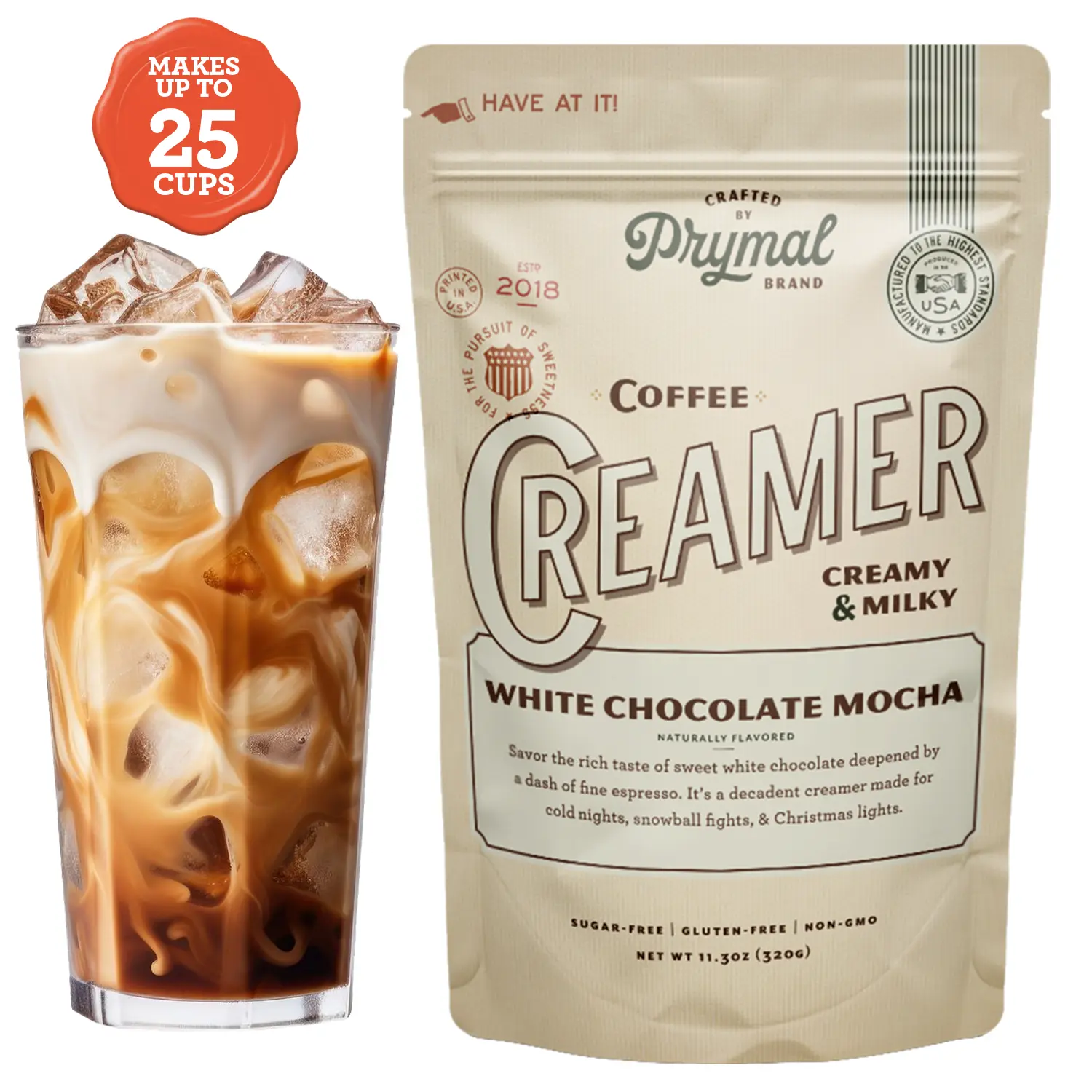 Prymal Sugar-Free White Chocolate Mocha Coffee Creamer Powder - No Seed Oils, Non-GMO, Gluten-Free - Made with MCT Oil & Coconut Milk, Zero Sugar