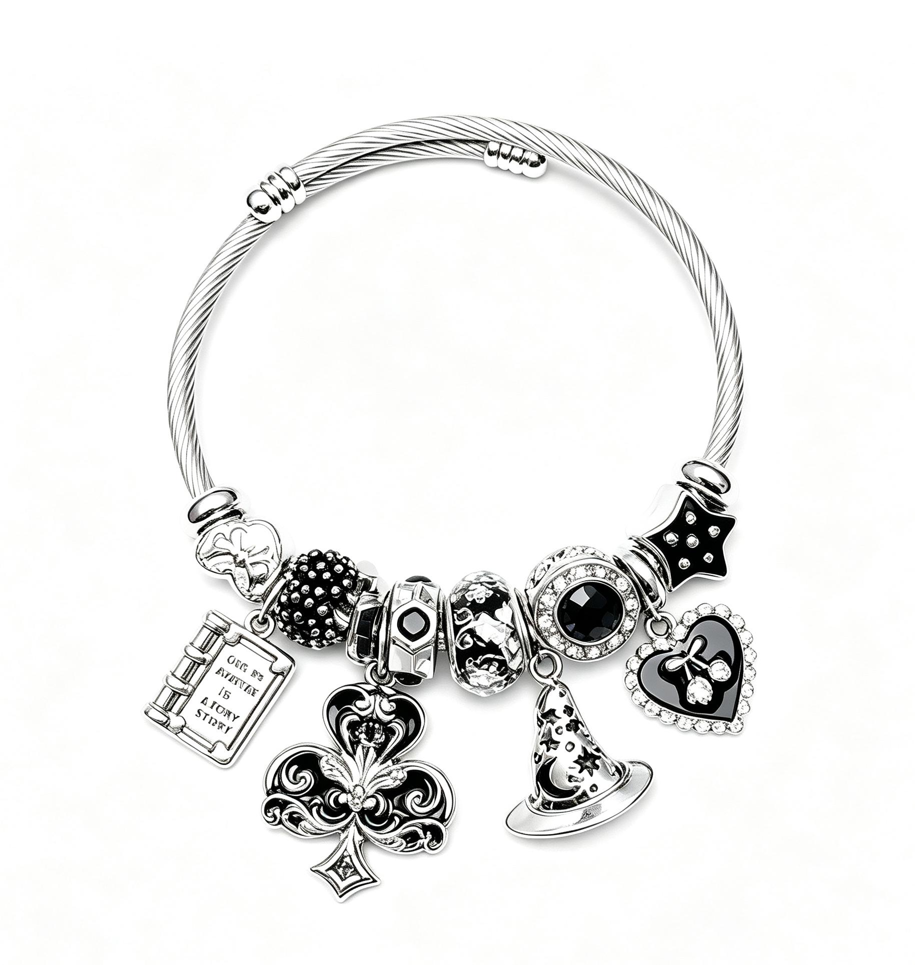 Open Adjustable Wire Bangle Bracelet, Magic Wizard Hat Clover Book Heart Star Charms Beads Silver Tone Bracelet, Fashion Jewelry Gift for Women Girls