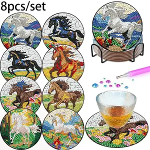 8 Piece Running Horse Diamond Puzzle Coasters with Stand, DIY 5D Flying Horse Pattern, Non-Slip, Home Decor, Diamond Painting Accessories