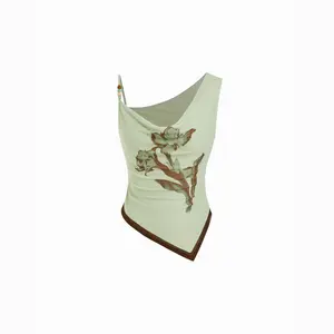 Cider Floral Graphic Asymmetrical Neck Beaded Top SummerWins Dealsforyou