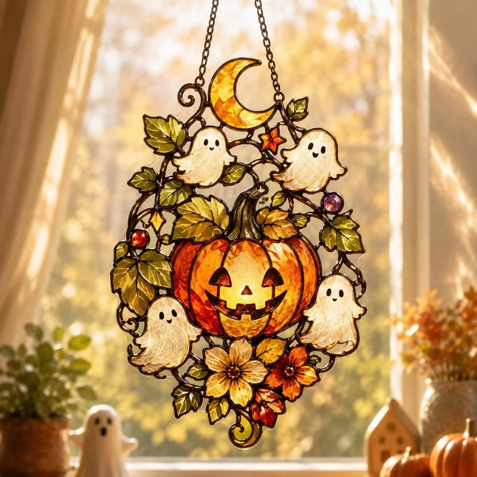 Enchanting Halloween Pumpkin & Lily Ghost Acrylic Window Hanging - Festive Fall Stained Glass Look Decor - Unique Spooky Home Art