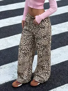 Leopard Print Wide Leg Pants, Y2K Retro Loose Fit Women's Casual Trousers, High Waist Drawstring Streetwear for All Seasons