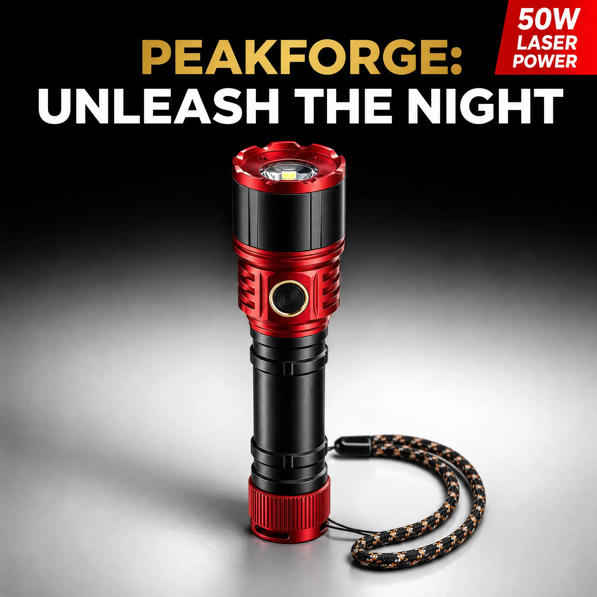 50W Super Bright Tactical LED Portable Torch - 5050 Chip High Lumens Compact Flashlight with Rope Hook, Carabiner Loop, Heavy Duty Fire-Starting for Outdoor Camping & Hiking Adventures, Led Portable Torches, Rope Hook Torches