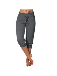Women elastic Waist Casual Pants Knee-Length Capris Loose Drawstring Joggers