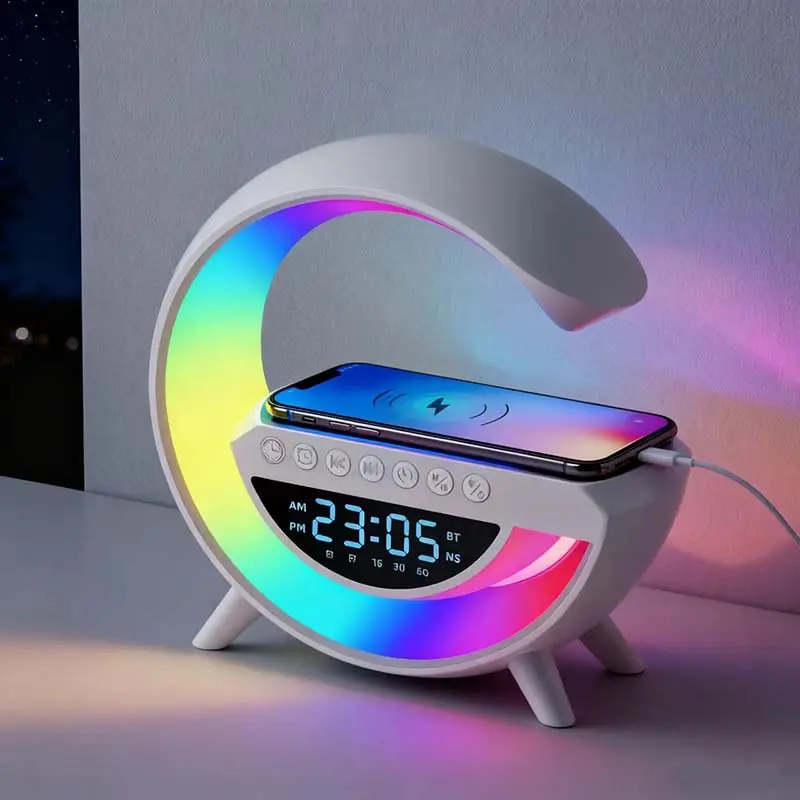 G Shaped RGB Atmosphere Night Light Lamp with Fast Wireless Charger, Bluetooth Speaker Digital Alarm Clock Dimmable LED Bedside Lamp Desk Table Lighting Station for Bedroom Home Office Decor Gift