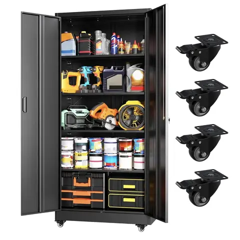 INTERGREAT Metal Storage Cabinet with Wheels, 73" Garage Storage Cabinet with Door and 4 Shelves, Tool Cabinet on Caster for Home, Office, White#Summervibes