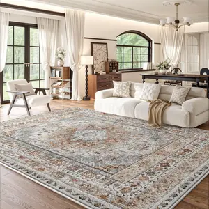 Vintage-style Persian living room rug; large, exquisitely patterned rug made from faux cashmere material. Soft and comfortable, slip-resistant and durable, machine washable. Suitable for living rooms, bedrooms, dorm rooms, entryway mats, and home decor.