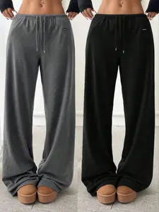 Women's Solid Drawstring-Waist Fleece Sweatpants, Casual Comfy Pants for Daily Wear, Ladies' Streetwear Pants for Fall and Winter, Casual Streetwear Trousers