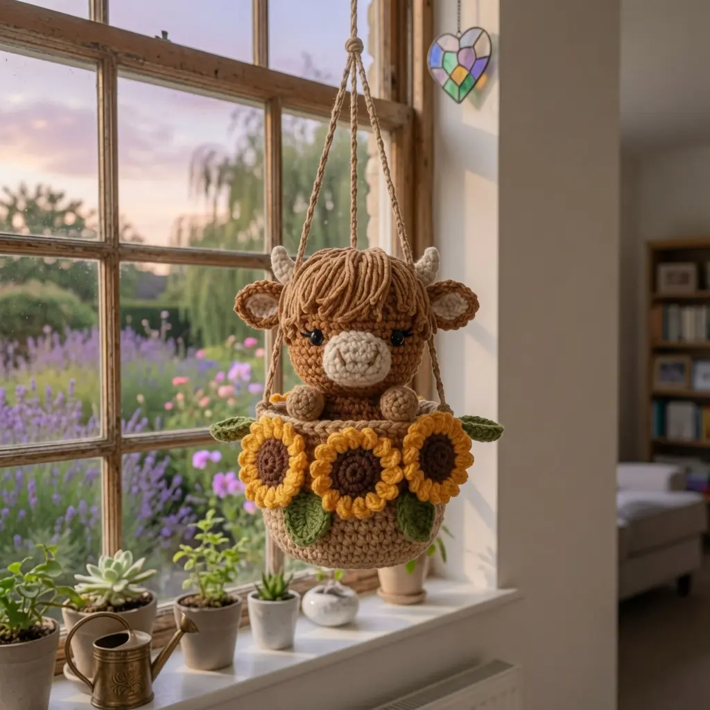 Handmade Crochet Cow Hanging Basket Ornament – Cute Flower Basket Car Mirror Charm, Sunflower & Daisy Home Decor Gift