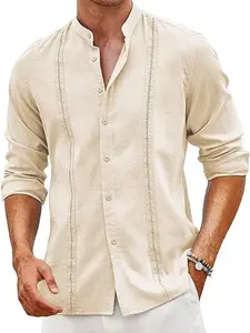 COOFANDY Men's Long Sleeved Linen Beach Shirt-Vacation Choice Casual Classic Menswear Top Embroidered Formal Overall Stylish Soft Simple