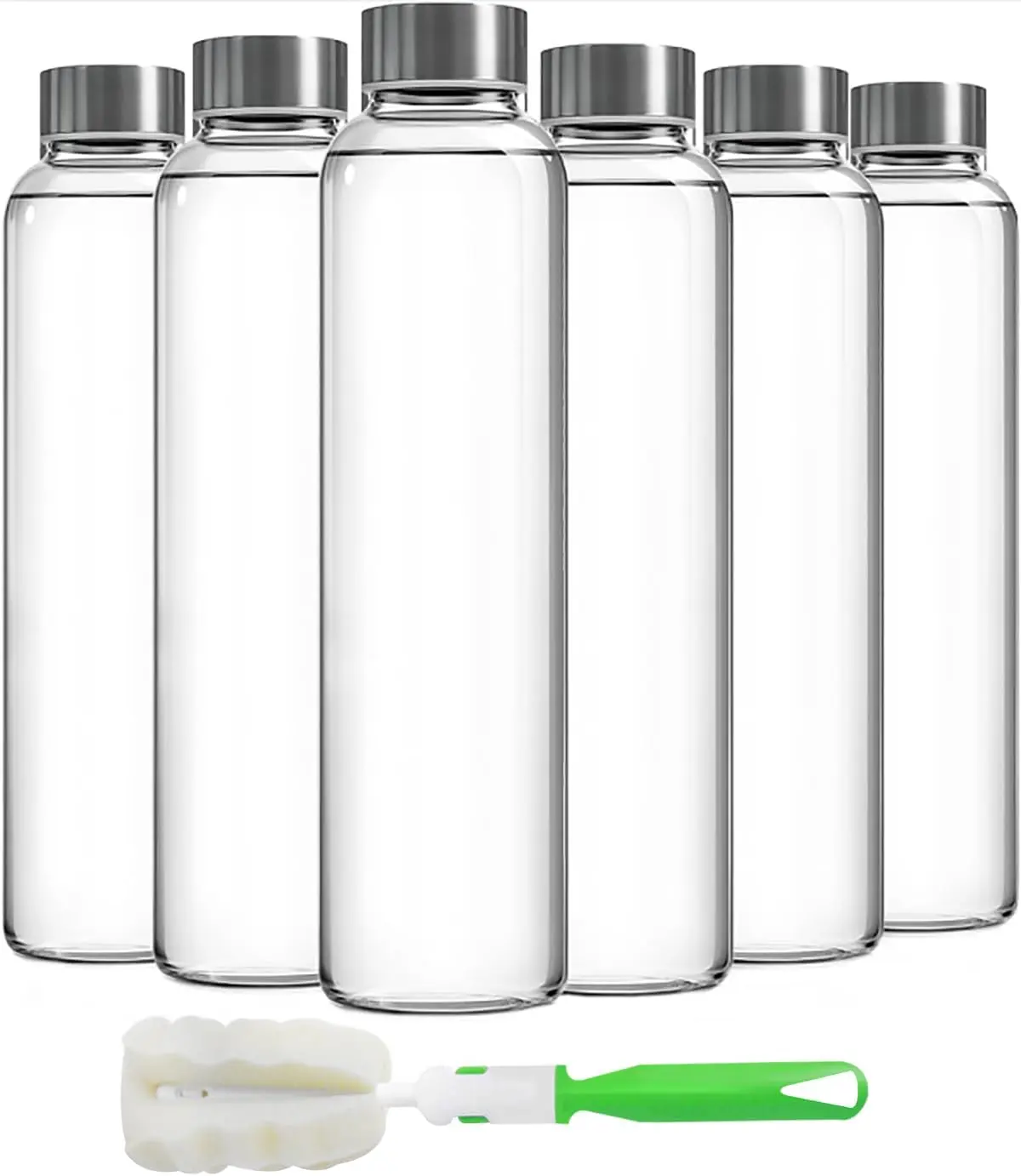 Clear Glass Bottles with Lids, 18oz Resuable Glass Water Bottles for Juicing with Stainless Steel Cap to store Milk, Smoothie, etc., 100% Leak Proof, Durable and Dishwasher Safe (Set of 6)