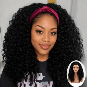 AuvzyHair 14inch HeadBand Wig Kinky Curly Wig For Women, Deep Wave Headband Wig Glueless Half Wigs Synthetic Hair Curly Headband Wig Easy To Wear Summervibes Daily Use
