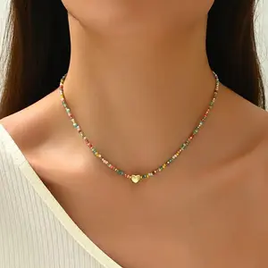 Boho Multicolor Beaded Choker with Heart Charm| Y2K Aesthetic Layering  pendant chain necklace