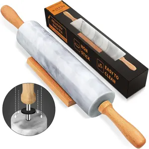 Marble Rolling Pin With Wooden Handles &  Cradle, 16.5 Inch Marble Rolling Pins For Making Pizza Dough And Tortillas, Dough Roller For Pie Crust, Cookie, Pasta (Gray & White)