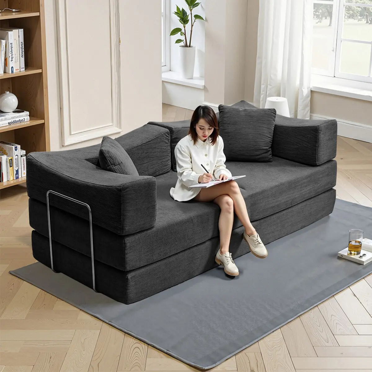 Convertible Sleeper Sofa Bed with Cylindrical Pillow, Corduroy Folding Mattress Couch with Fixed-Shape Frame, Floor Sofa Lounge Couch for Living Room Bedroom Lounge Studio upholstered  futon teddy couch dupe cob  couch