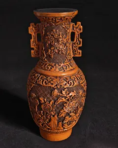 10" Handcrafted Carved Wooden Vase with Floral Design and Intricate Details for Home Decor