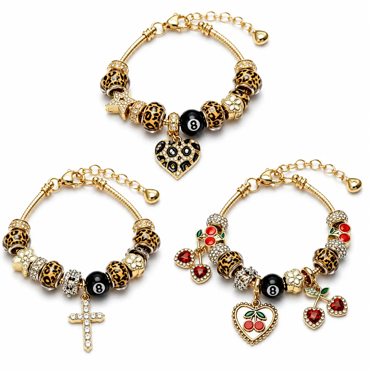 Women’s Leopard Print Charm Bracelet Set, Gold-Tone Beaded Bracelet with Cherry, Cross, Heart & 8-Ball Charms, Adjustable Fashion Jewelry Gift