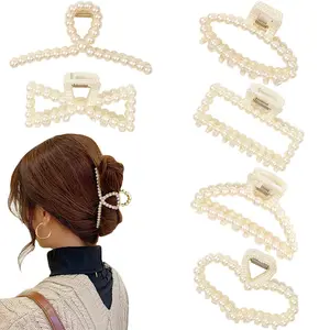 6 PACK Large White Pearl Hair Claws, Strong Hold Non-Slip Jaw Barrettes for Thick Hair, Wedding Styling Gift Accessories for Women and Girls