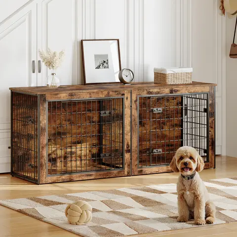 HOOBRO 63"l x 21.7"w x 29.5"h Wooden Double Dog Crate Furniture Enclosure, Escape-Proof Metal Kennel with Removable Divider, Double Doors, Secure Lock, Adjustable Feet Grip, Rustic Brown Indoor TV Stand for Medium-Large Dogs (Home Decor-Fit Cozy Spaces)