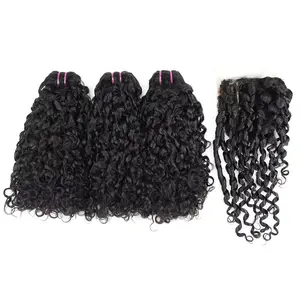Pixie Curl Hair Bundles with Closure Deep Curly Hair Brazilian Raw Hair Weaving 8-20 Inch Human Hair Loose Deep Wave Extensions