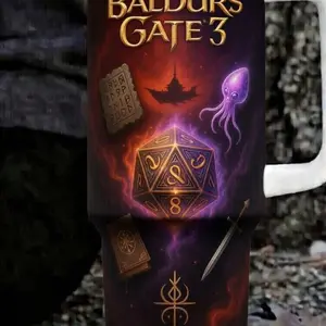 Baldur’s Gate 3 Tumbler 40oz, BG3 Travel Mug with Handle, Fantasy RPG Gamer Cup, D20 Dice Drinkware, Gift for Gamer