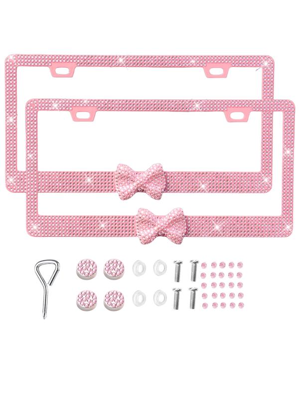 2 PCS Of Dazzling Plastic Bow License Plate Frames For Women, Personalized Car Plate, Glittering Rhinestone Diamond Car Parts License Plate Frames And Glittering Crystal Hats