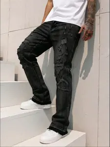 Men's Distressed Denim Jeans Streetwear, Y2K Stackable Flare Pants, Loose-Fitting Button Fly, All Seasons Casual Wear, Patchwork Design