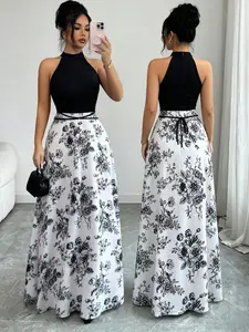 Women's Halter Neck Maxi Dress, Sleeveless Black Top with White Floral Print A-line Long Skirt, High Waist Tie Waist Design, Suitable for Weddings, Cocktail Parties, Dates, Anniversaries, Vacations, Island Trips, Afternoon Tea and Daily Outings