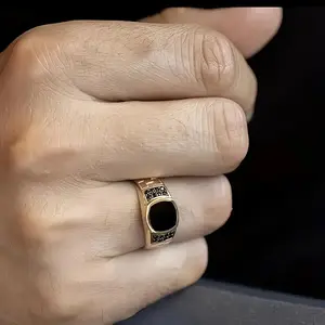 1pc Vintage Elegant Men's Ring, Black Cubic Synthetic Cubic Zirconiaia with Golden Alloy, Daily Wear and Party Jewelry, Durable Classic Accessory, Electroplated Finish, Industrial Marks Inevitable