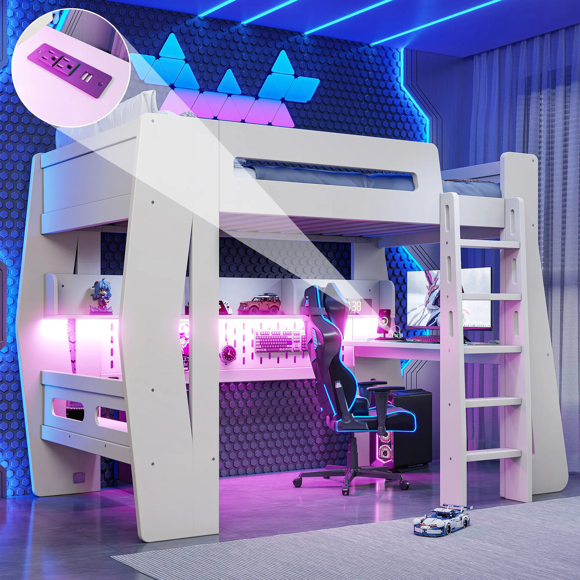 Esports Style Gaming Loft Bed - Apartment Furniture, Bedroom Furniture with Built-in Desk, Built-in Storage, Desk & Light - Space-Saving Indoor Bed Frame for Teens