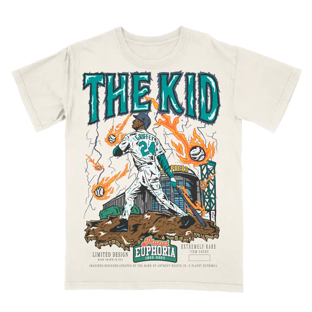 Men's Ken Griffey Jr. "The Kid" Vintage Short-Sleeve Baseball Top, 90s Mariners Graphic T-Shirt, Oversized Washed Cotton Casual Style, MLB Legend Fan Piece