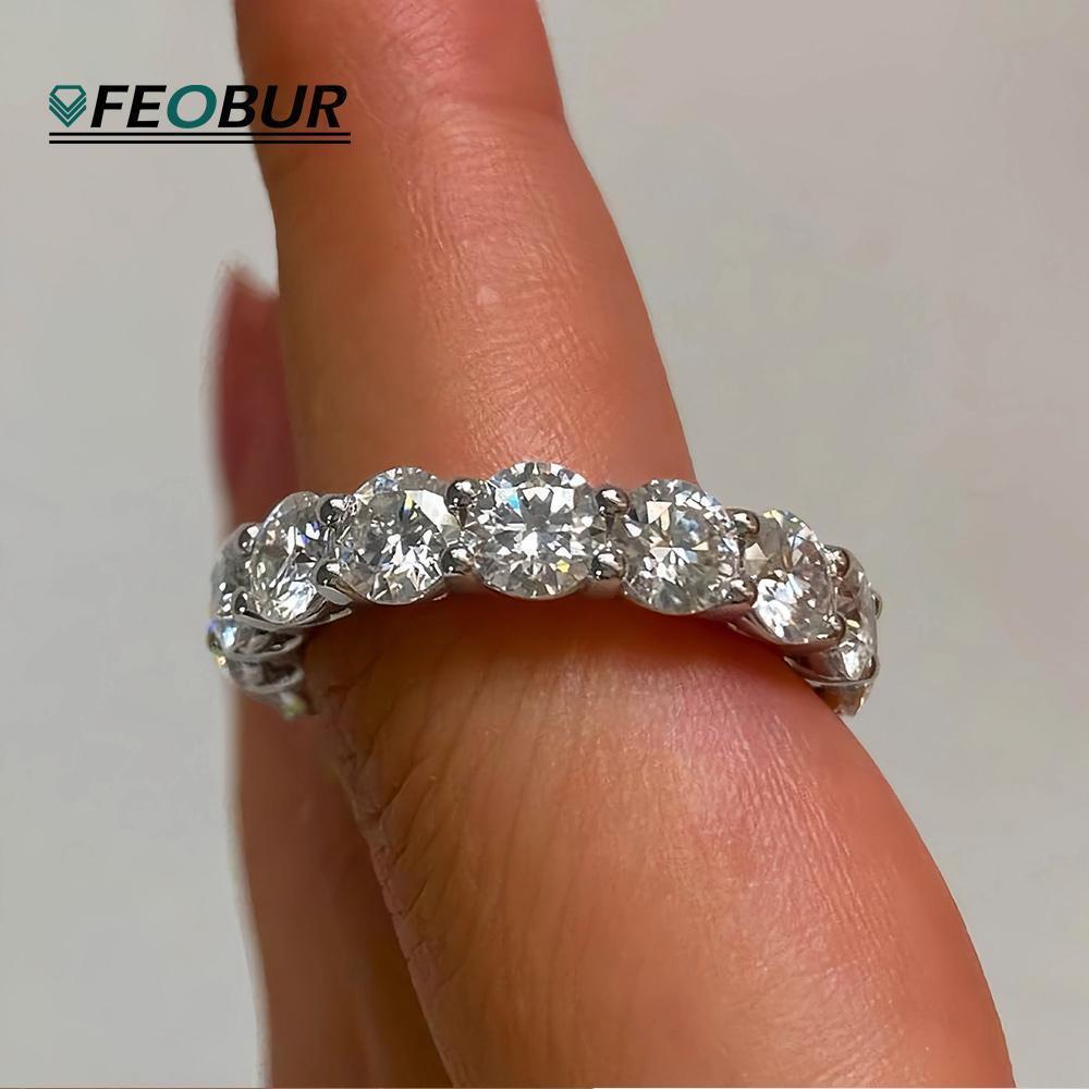 FEOBUR 5mm D Color Moissanite Ring with Certificate Women S925 Sterling Silver Full Diamond Wedding Eternity Band Jewelry Gift