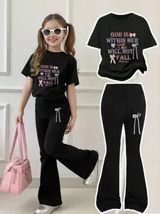 Girls' Easter Faith Cool Bell Bottoms Set, Round Neck Short Sleeve & Gradient Bible Quote, Casual Fitted Style, Cute Clothing Set