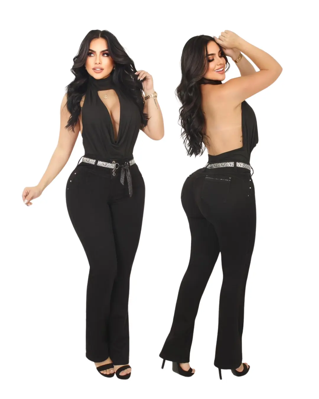 Women's High-Waisted Colombian Denim Jeans - Wide-Leg Trousers with Zipper, Molded Cut, Fashion Look for Casual Wear, All-Seasons Womenswear Bottoms