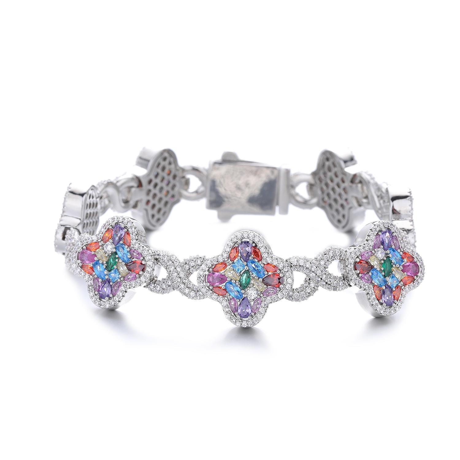 QUEENDO Elegant Classic 4-Leaf Clover Star Bracelet - Copper Base, Multi-Size, Multi-Color Pave Metallic Rhinestones, Unisex Daily Wear Jewelry for Women, Birthday Valentine’s Day Gifts, 4-Leaf Clover Bracelets & Bangles, Plants, Four Leaf Clover Bracelet