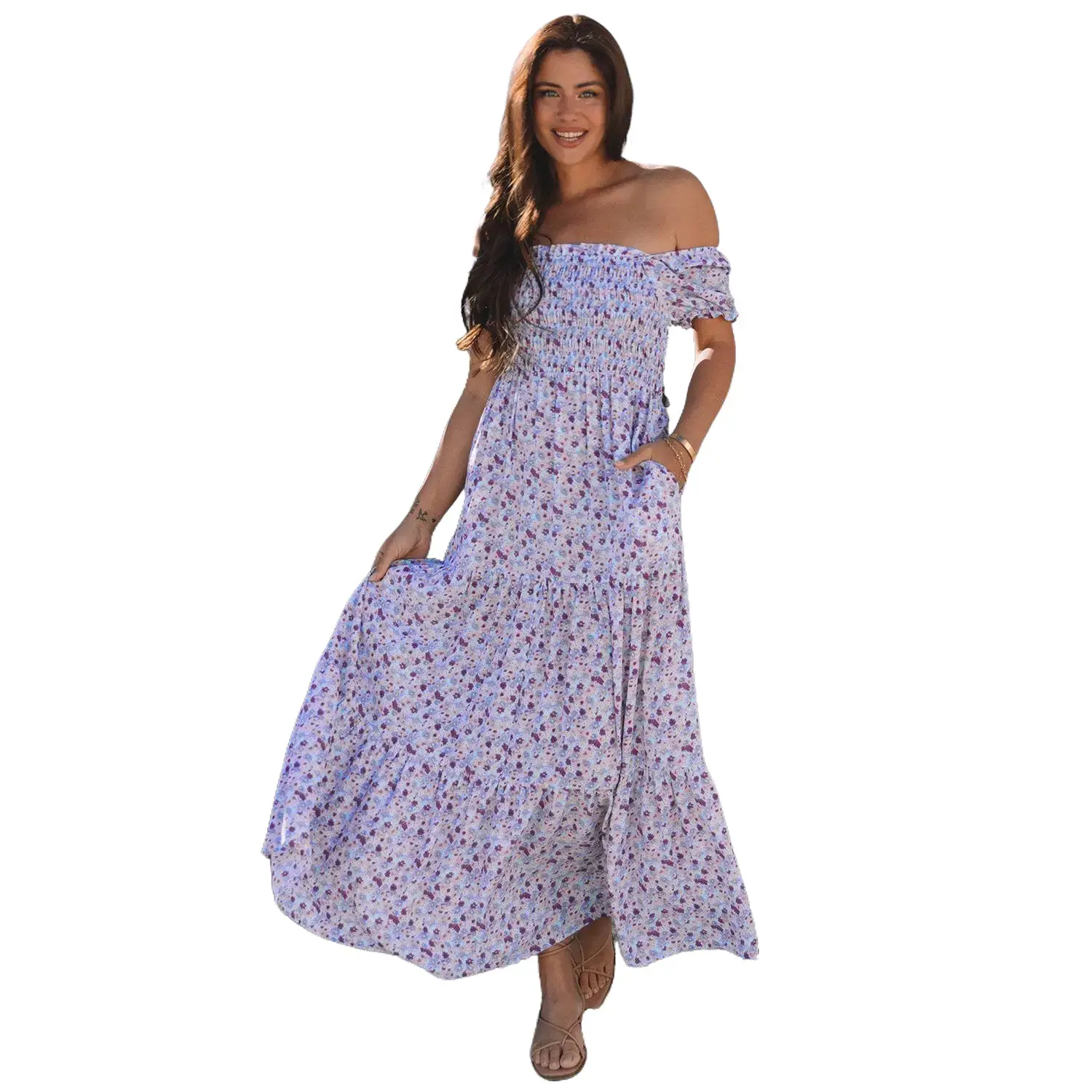 Purple Floral Short Bubble Sleeve Shirred High Waist Maxi Dress