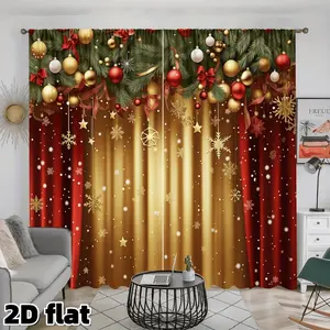 2D Flat 2Pcs Christmas Holiday Curtains, Home decoration curtain, with Snowflakes Stars Pine Branch Pattern, Festive Red Gold Design, Rod Pocket Top, Semi Sunshade Polyester Fabric, Perfect for home decor
