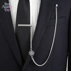 Fashion Tie Clips with Long Chain, Men's Suit Lapel Chain Set, Gold & Silver Tie Bars with Rudder, Heartbeat & Bear Charms