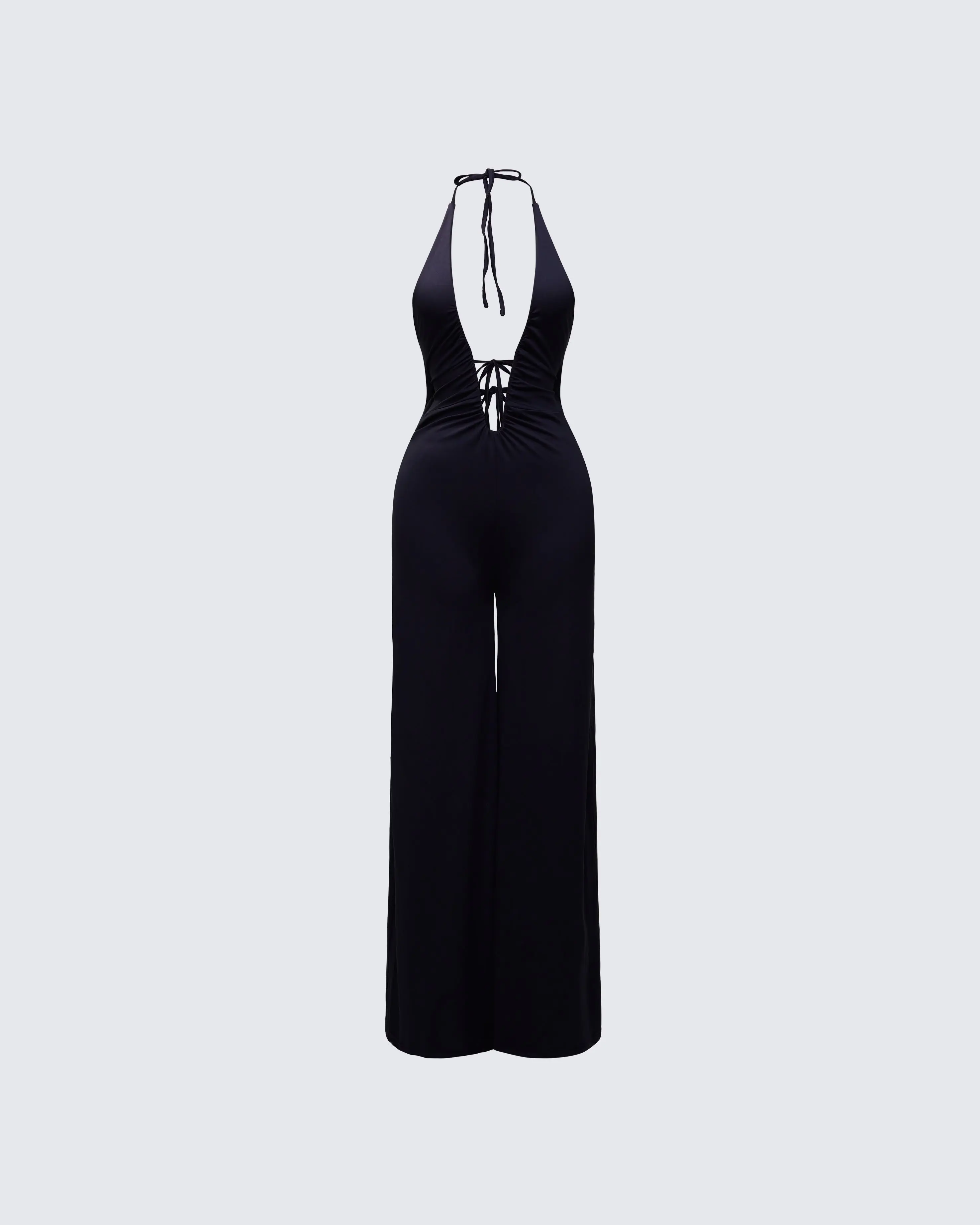 Women's Saoirse Black Plunge Neck Halter Jumpsuit, Fitted Spandex Design for Party Wear
