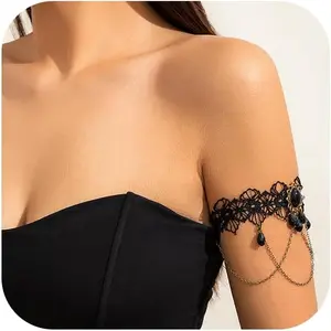 Black Crystal Pendant Upper Arm Chain Bracelet Multi-layer Tassel Armlet Gothic Crystal Adjustable Open Arm Cuff Bangle Bracelets Summer Beach Body Jewelry for Women