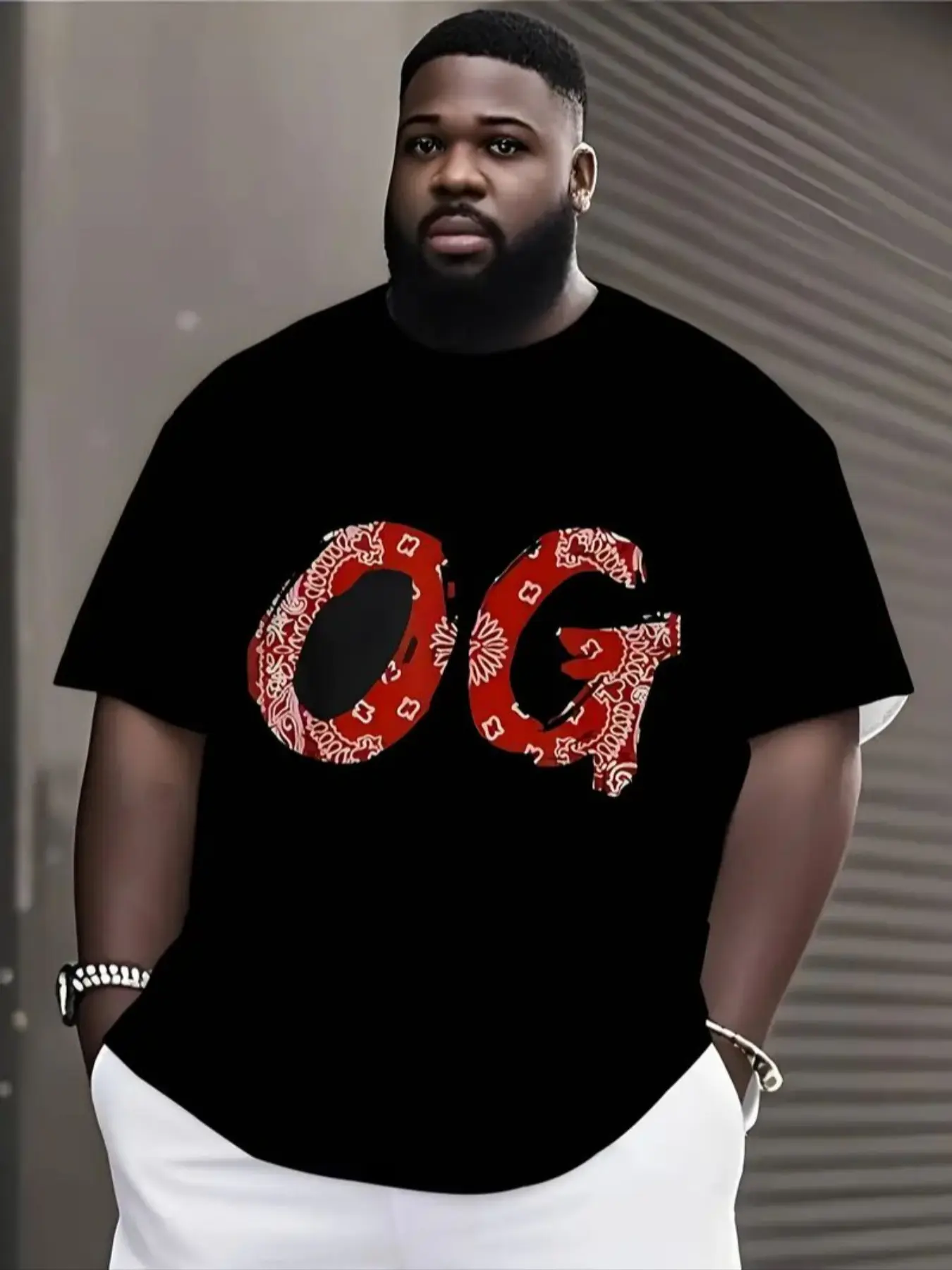 Men's Plus Size Casual T-Shirt with Scarf Print and Og Letters Design, Round Neck Short Sleeve Stretchy Knit Fabric All Season Wear