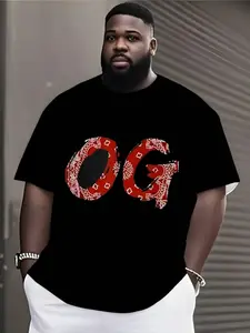 Men's Plus Size Casual T-Shirt with Scarf Print and Og Letters Design, Round Neck Short Sleeve Stretchy Knit Fabric All Season Wear